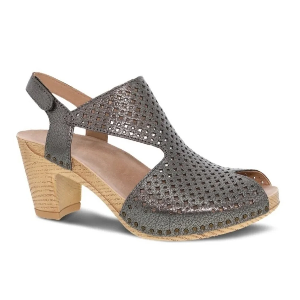 NEW Dansko Teagan Leather Peep Toe Heeled Sandals Gunmetal 38‎ US 7.5-8